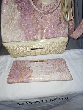 Brahmin Pink Cream Croc-Embossed Leather Bucket Bag & Wallet